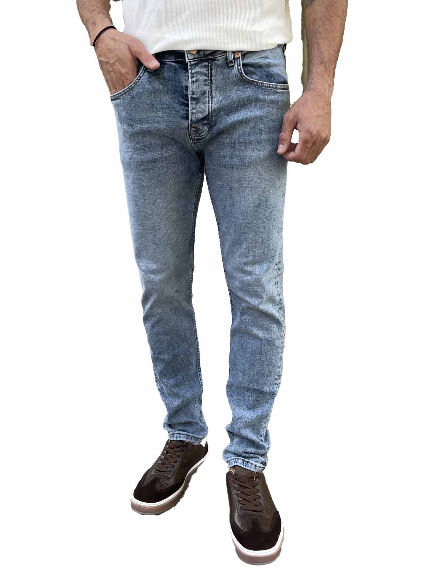 Ανδρικό μπλε χλώριο πεντάτσεπο τζιν παντελόνι ίσιο με κουμπιά 3LN1104 φωτογραφία